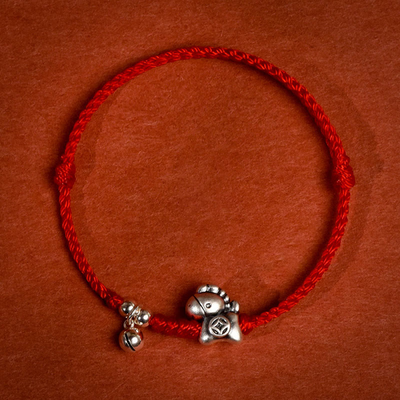 Buddha Stones 999 Sterling Silver Year of the Horse 925 Sterling Silver Bell String Luck Child Adult Bracelet Anklet