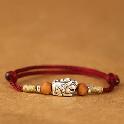 Buddha Stones 999 Sterling Silver Pixiu Charm Peach Wood Bead Handmade String Braided Luck Bracelet Anklet