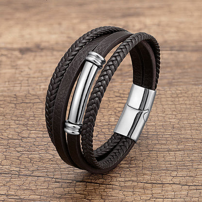 Buddha Stones Multi-layered Simple Design Leather Titanium Steel Balance Bracelet