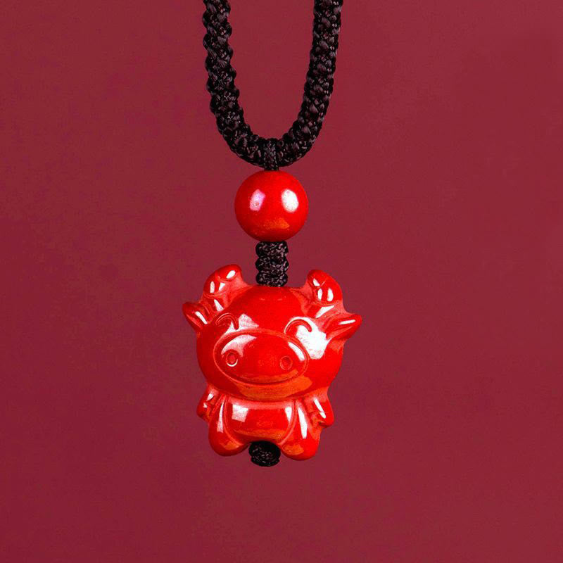 Buddha Stones Year of the Horse Chinese Zodiac Engraved Design Cinnabar Blessing Rope Necklace Pendants
