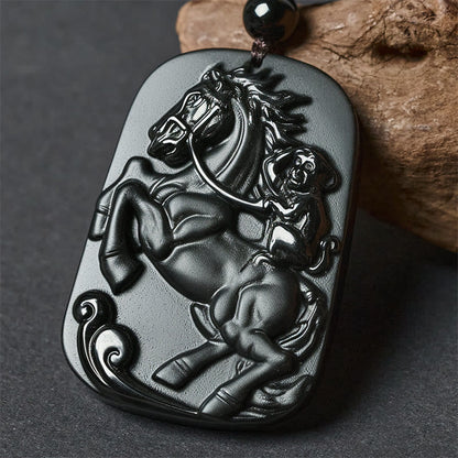Buddha Stones Year of the Horse Monkey Pattern Om Mani Padme Hum Black Obsidian Strength Necklace Pendant