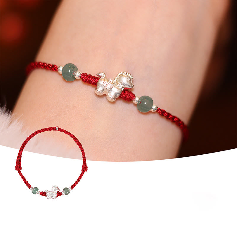 Buddha Stones Year of the Horse Cinnabar Jade Red String Blessing Bracelet
