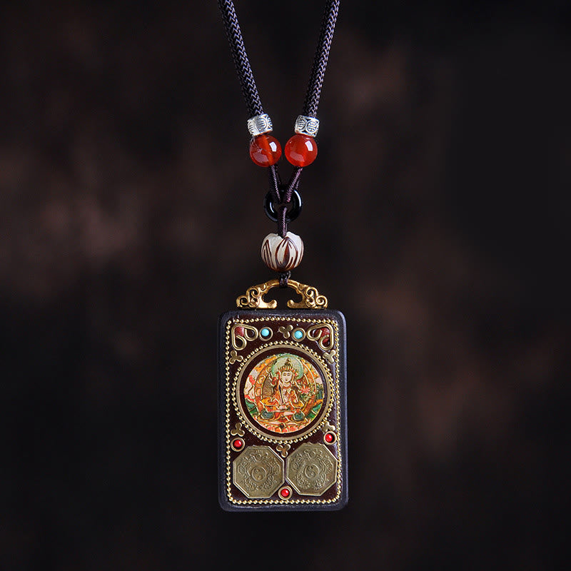 Buddha Stones Thangka Yin Yang Copper Coins Ebony Wood Zakiram Balance Pendant Necklace