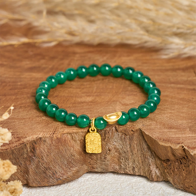 Buddha Stones Green Agate Ingot Fu Character Relaxation Hope Bracelet