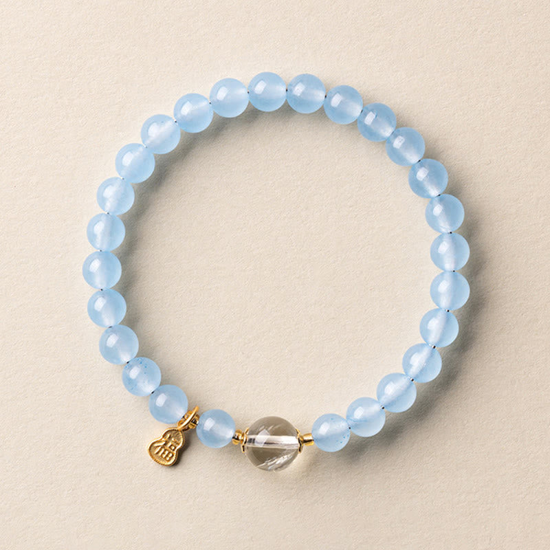 Buddha Stones Natural Aquamarine Fu Character Lucky Fortune Healing Bracelet