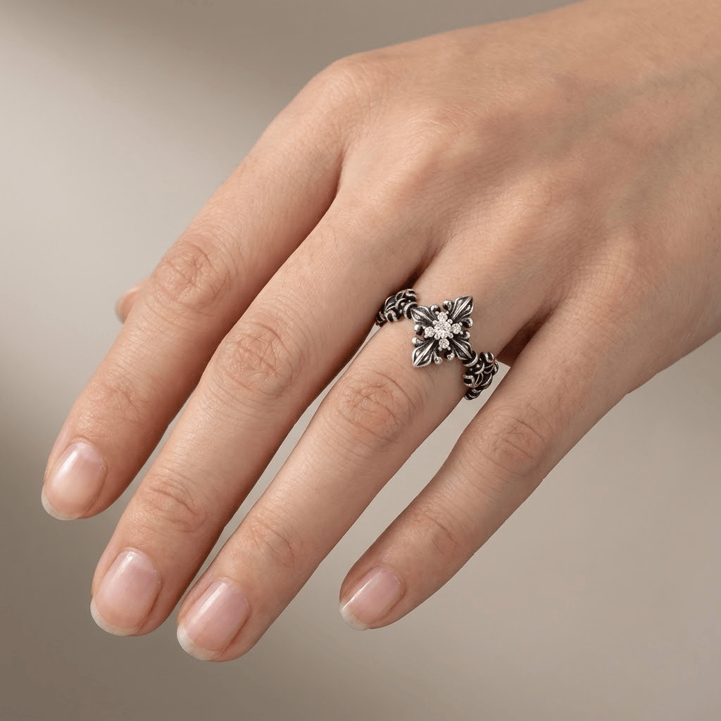 Retro Zircon Royalty Cross Ring - (adjustable)