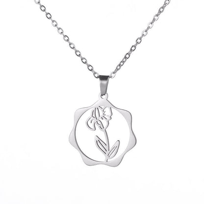 Buddha Stones Titanium Steel Birth Flower Lotus Enlightenment Pendant Necklace