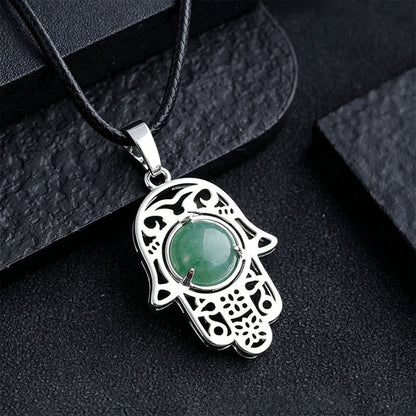 Buddha Stones Natural Black Obsidian Hamsa Palm Inlay Crystal Strength Necklace