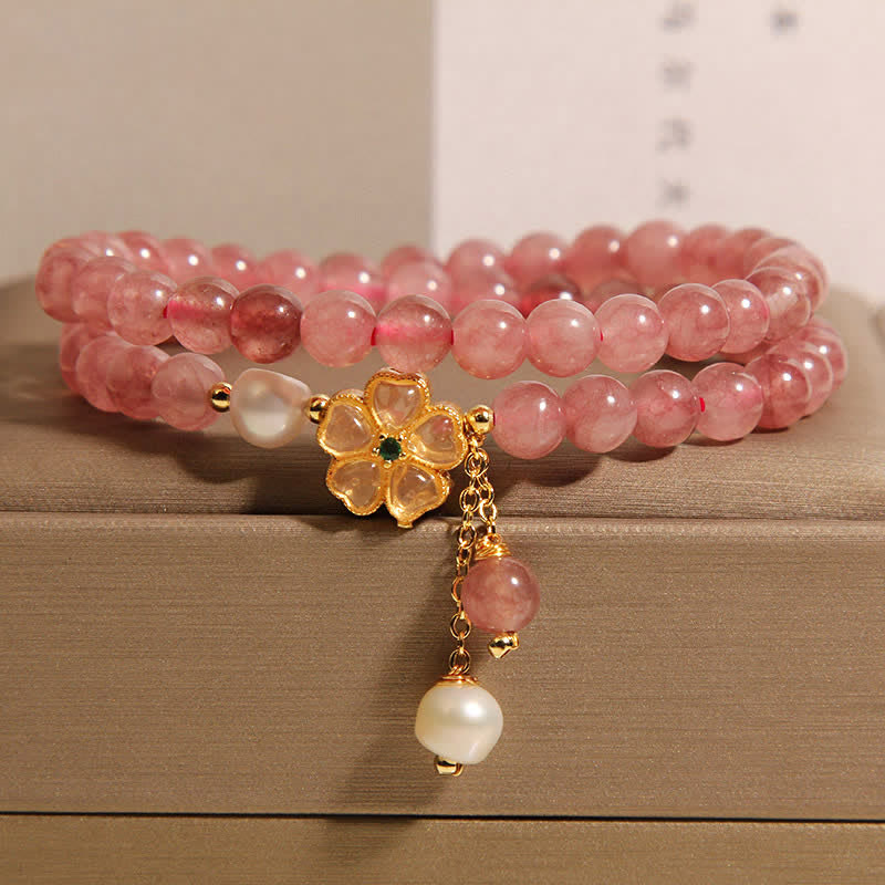 Buddha Stones Strawberry Quartz Pearl Clover Love Double Wrap Bracelet