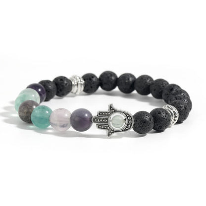 Buddha Stones Lava Rock Hamsa Palm Protection Handcrafted Round Bracelet
