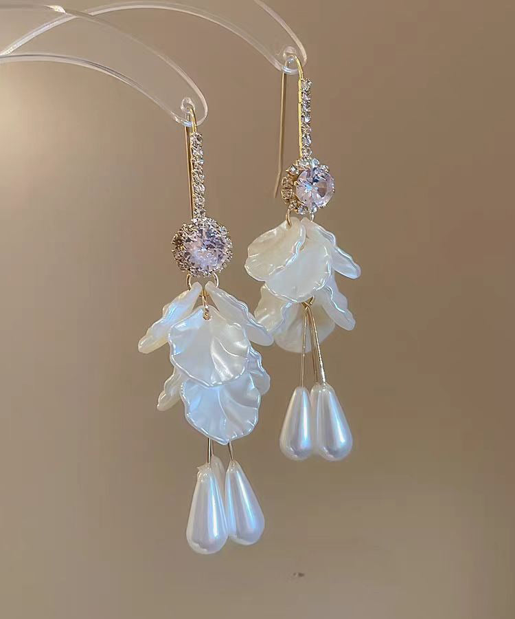 Classy White Copper Overgild Zircon Acrylic Shell Pearl Tassel Drop Earrings