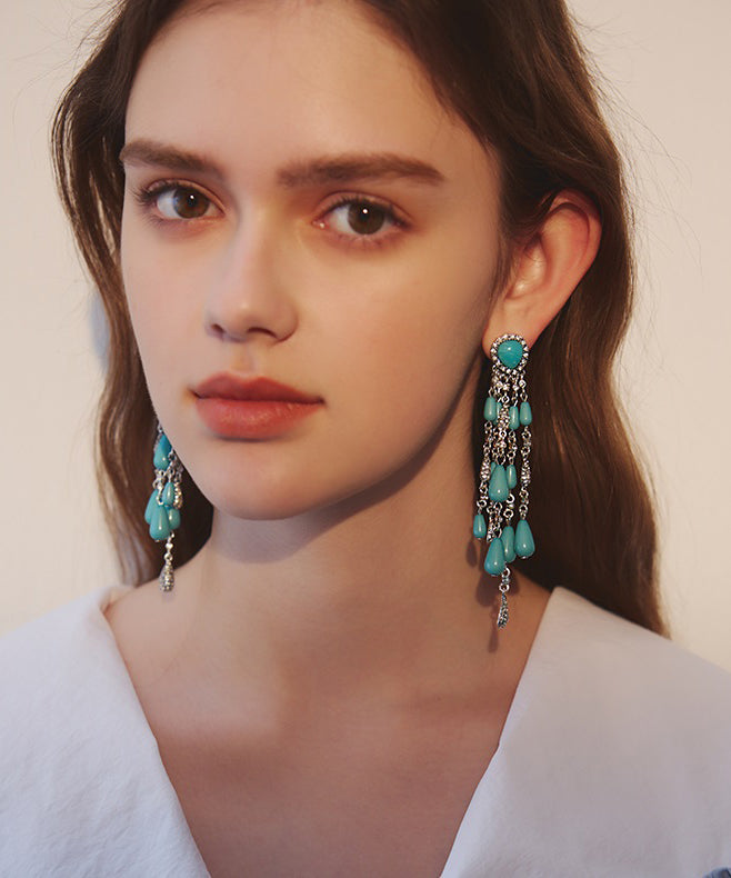 Blue Zircon Water Drop Tassels Silver Plated Drop Earrings