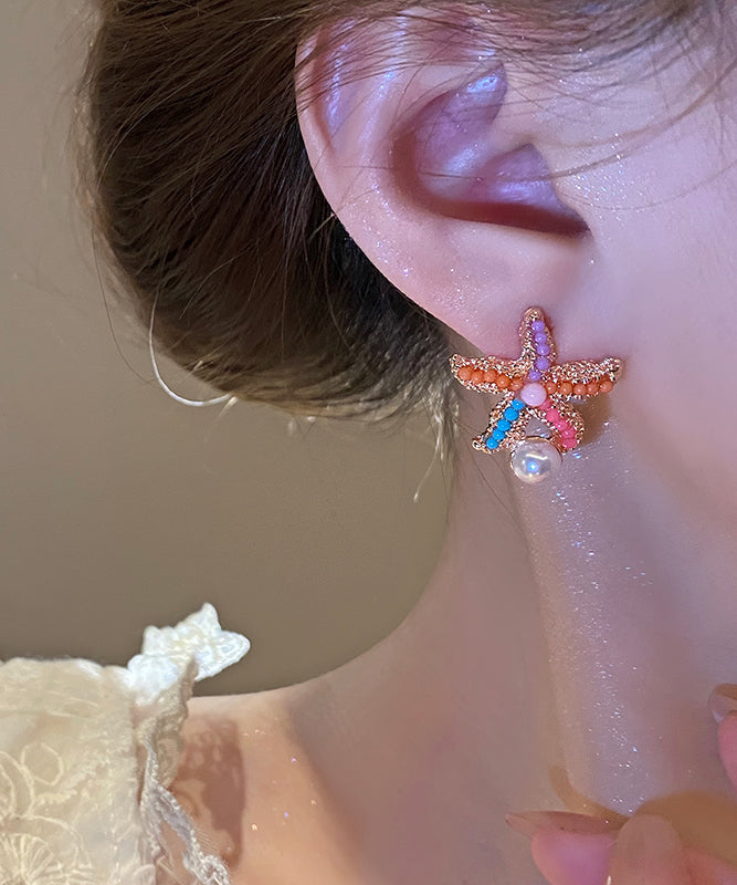 Rainbow Alloy Pearl Starfish Stud Earrings