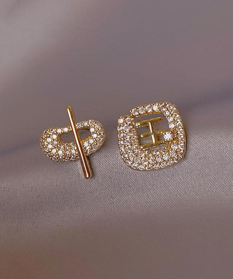 Art Gold 14k Gold Zircon Asymmetric Chinese Characters Stud Earrings