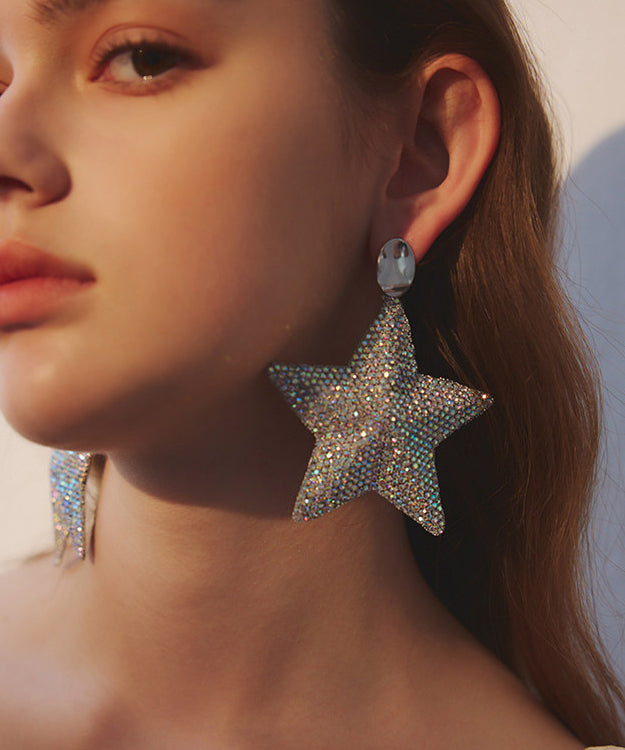 Five Pointed Star Zircon Exaggeration Silver Plated Drop Earrings