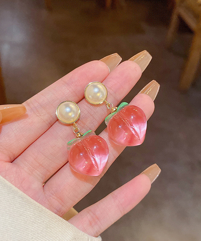 Red Alloy Acrylic Pearl Peach Drop Earrings