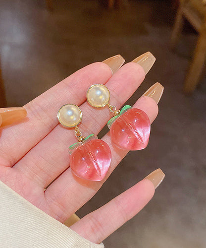 Red Alloy Acrylic Pearl Peach Drop Earrings