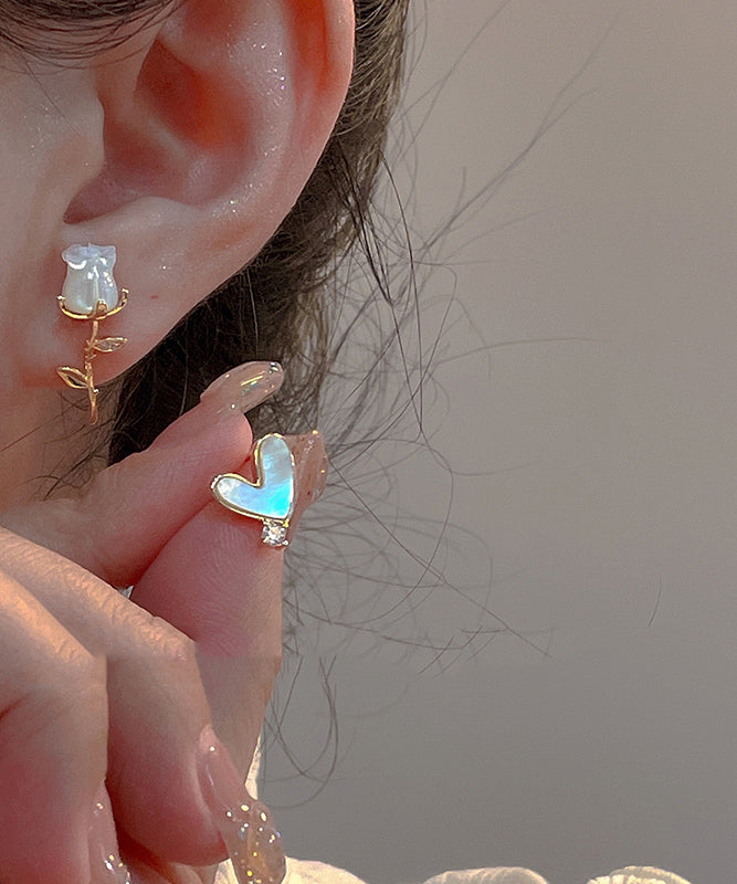 Gold Copper Overgild Asymmetrical Rose and Stud Earrings