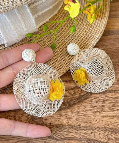 Vogue Beige Weave Straw Hat Drop Earrings