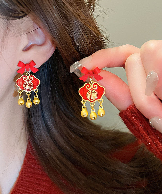 Gold Sterling Silver Overgild Bow Safety Lock Drop Earrings