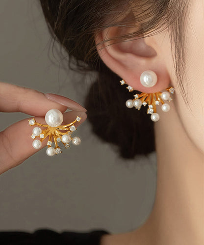 Classy Gold Copper Overgild Zircon Pearl Fireworks Stud Earrings