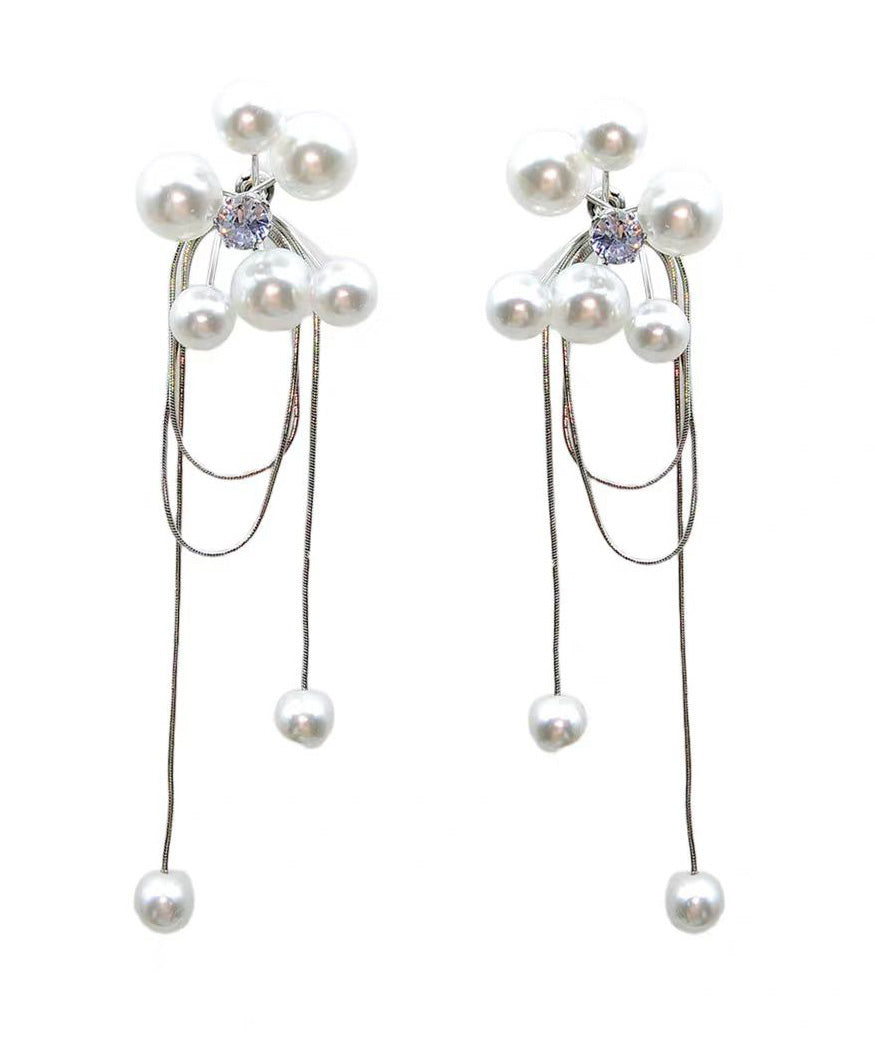 Light Tassel Pearl Long Stud Earrings
