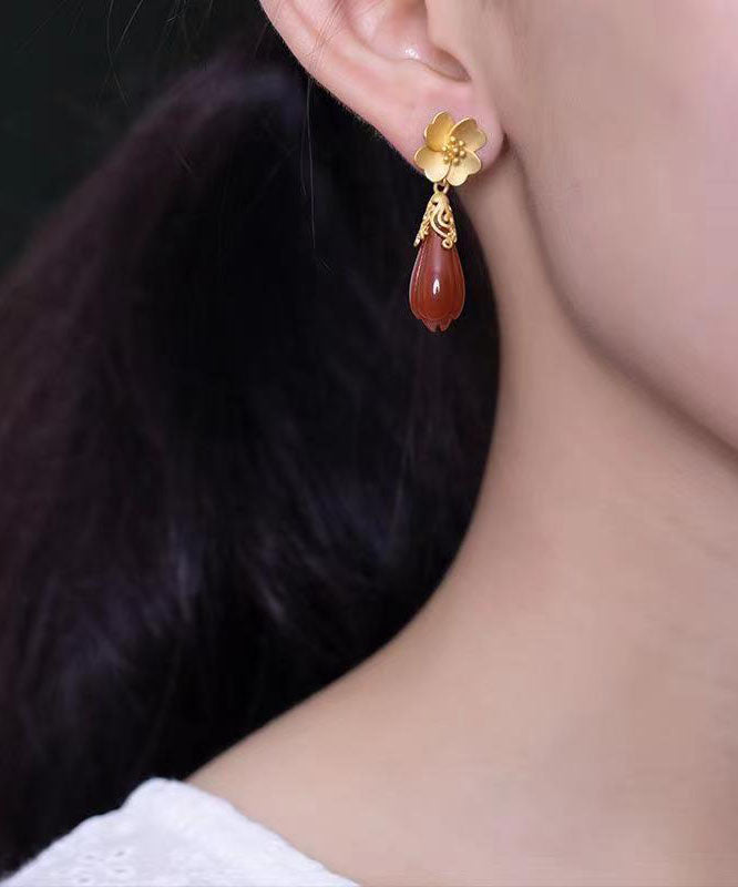 Diy Red Ancient Silver Inlaid Agate Drop Earrings