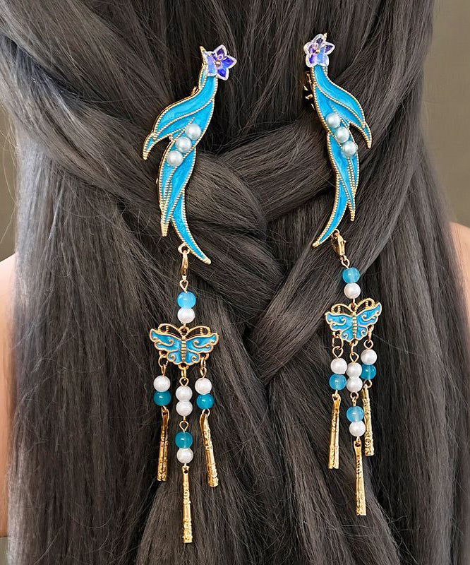 Classy Blue Sterling Silver Overgild Cloisonne Butterfly Tassel a Pair Hairpin