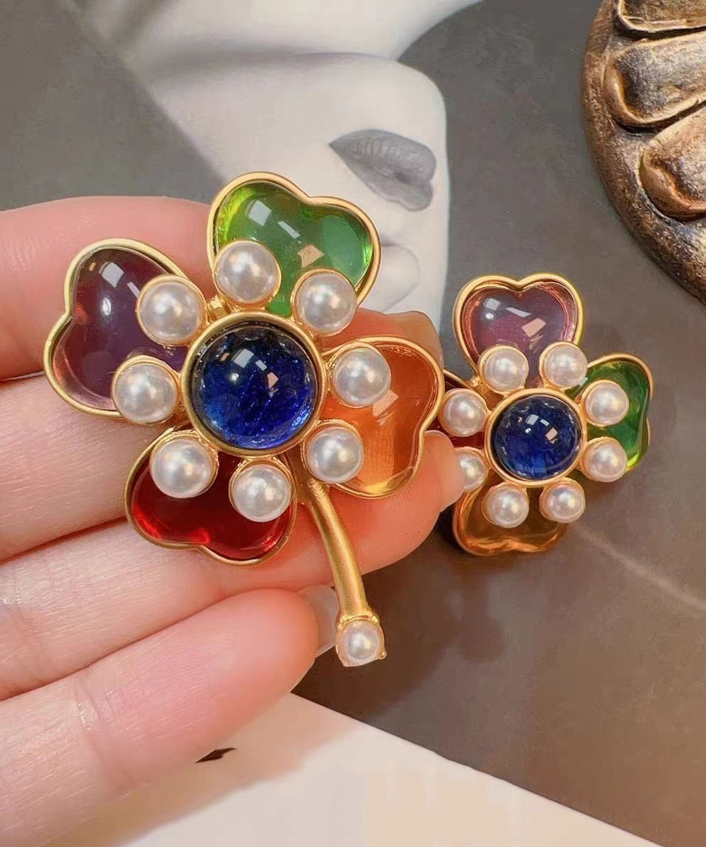 Rainbow Sterling Silver Overgild Pearl Stud Earrings