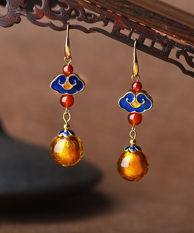 Stylish Yellow Coloured Glaze Cloisonne 14k Gold Chinese Style Drop Earrings