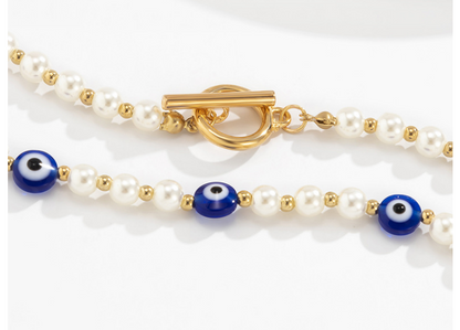 Geometric Simple Ot Buckle Single-layer Clavicle Chain Retro Stitching Artificial Pearl Eye Necklace