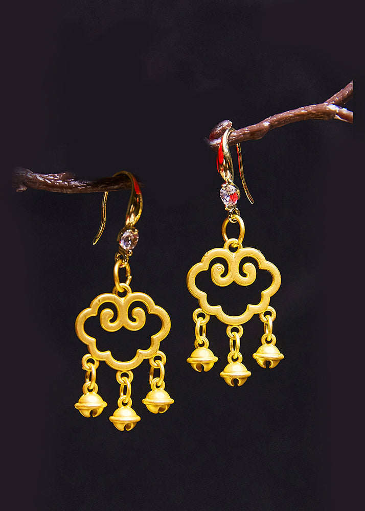 Stylish Auspicious Clouds Small Bell 14k Gold Drop Earrings