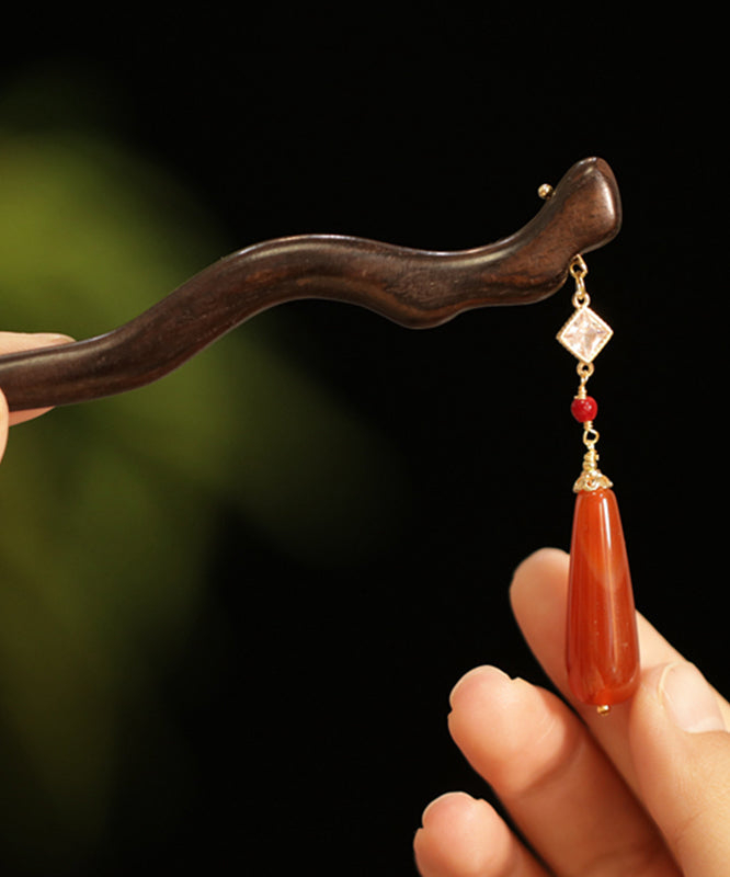 Red Sandalwood Agate Water Drop Hairpin