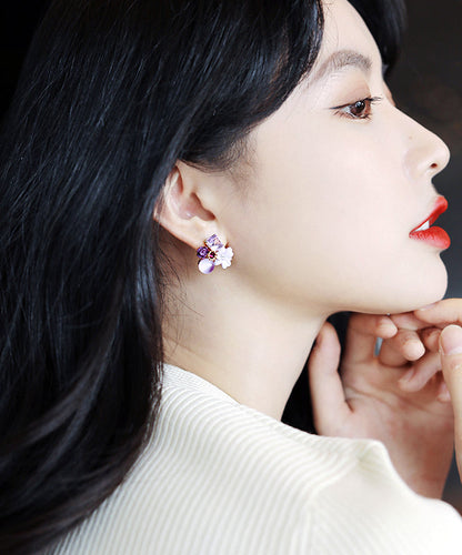 Modern Purple Stergild Silver Overgild Crystal Petal Stud Earrings