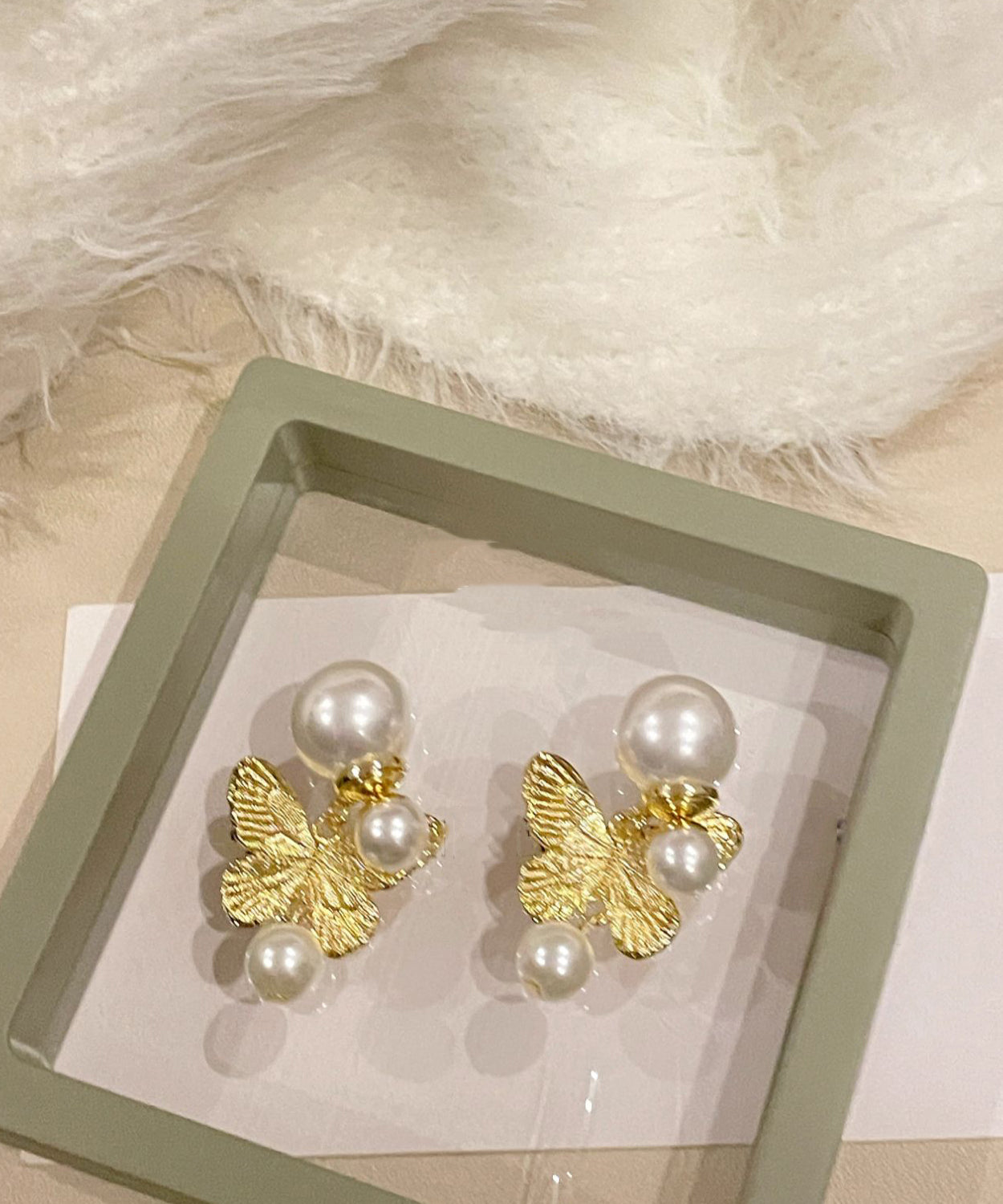 Gold Copper Alloy Butterfly Pearl Drop Earrings