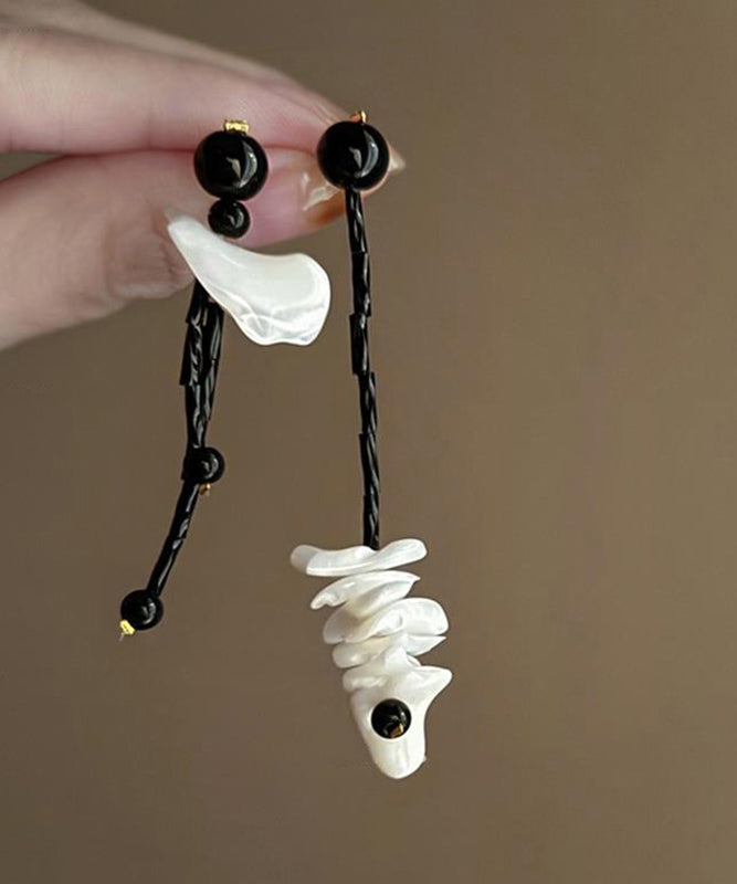 Black Alloy Shell Asymmetrical Tassel Drop Earrings
