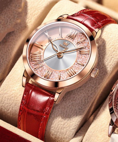 Red Leather Overgild Zircon Quartz Movement Waterproof Leather Watch
