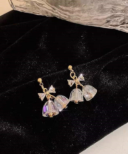 Gold Copper Overgild Zircon Bow Bell Drop Earrings