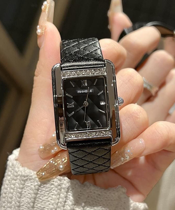 Black Leather Zircon Reinforced Glass Quartz Movement Watches