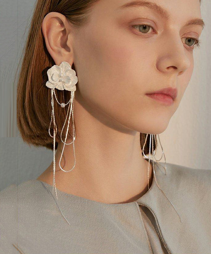White Flower Tasseled Metal Drop Earrings