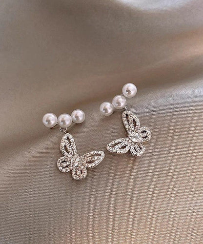 Fine Silk Copper Alloy Zircon Butterfly Pearl Drop Earrings