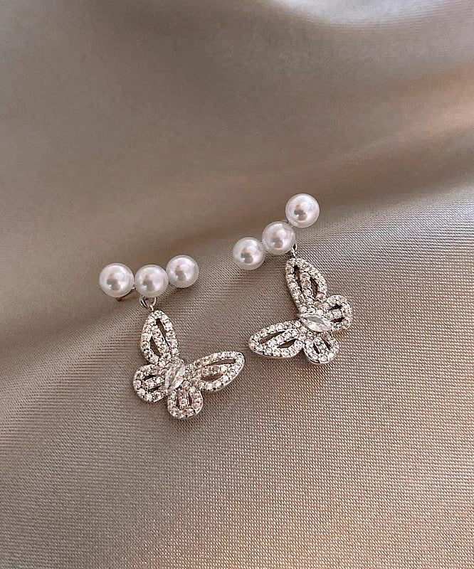 Fine Silk Copper Alloy Zircon Butterfly Pearl Drop Earrings