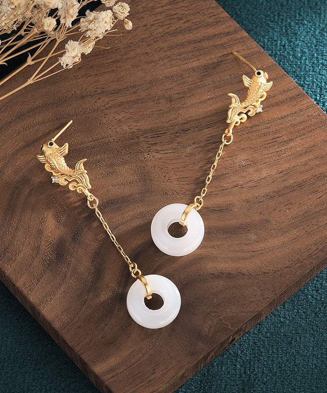 White Sterling Silver Overgild Jade Goldfish Drop Earrings