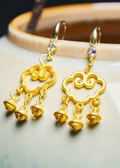 Stylish Auspicious Clouds Small Bell 14k Gold Drop Earrings