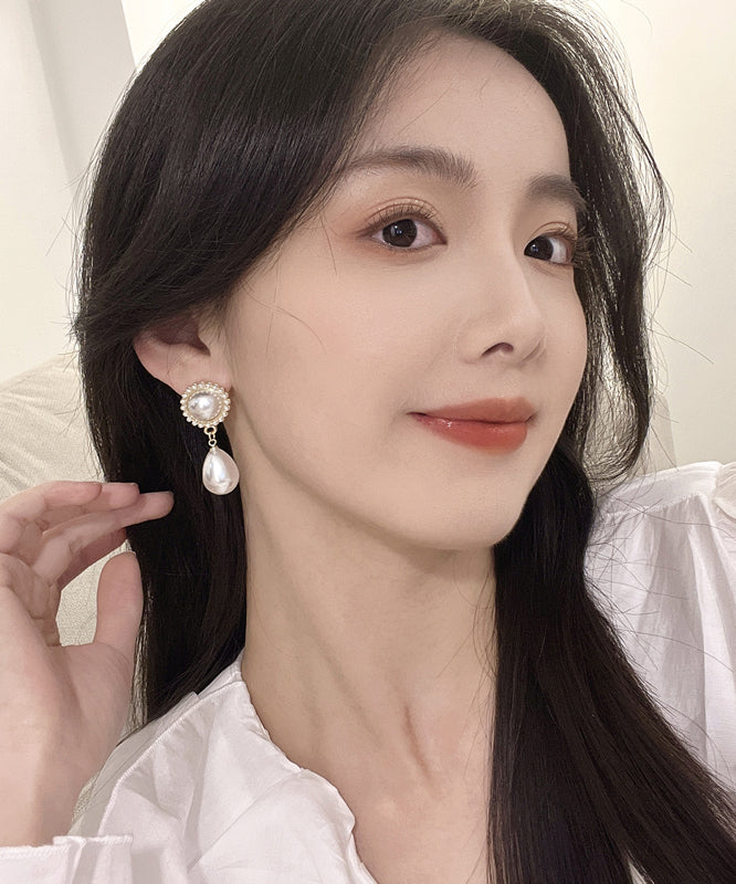 White Alloy Pearl Water Drop Drop Earrings