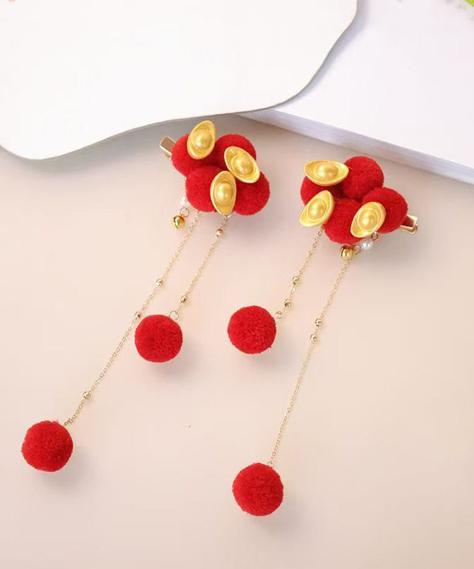 Chinese Style Red Alloy Fuzzy Ball Decorated Gold Bullion Tassel a Pair Hairpin