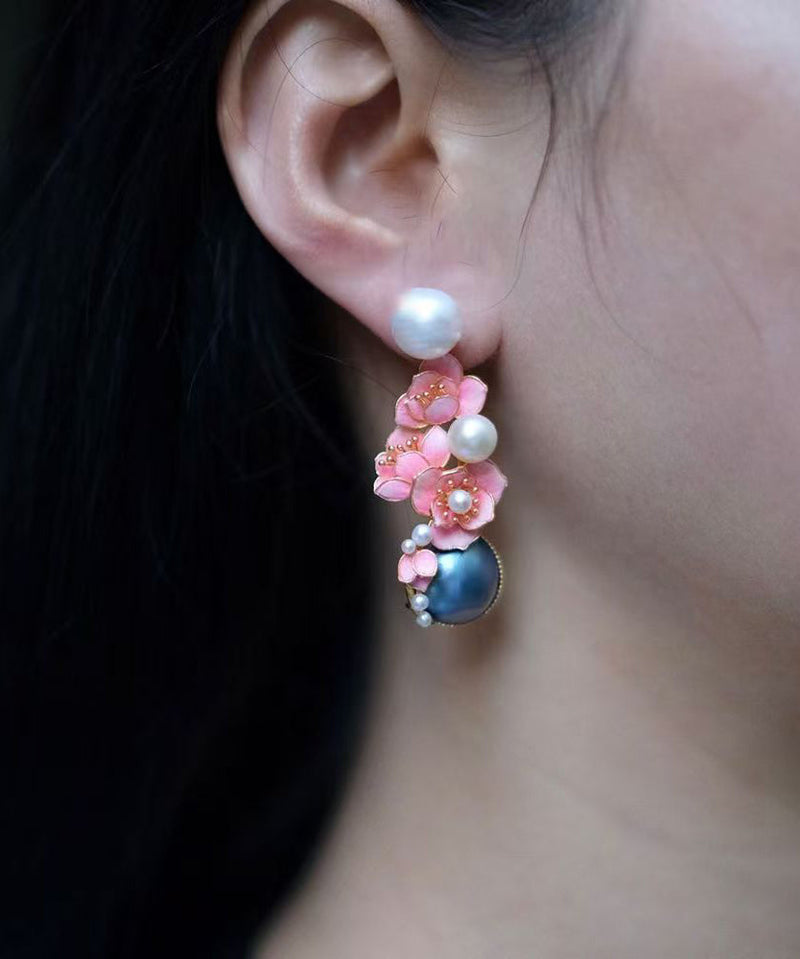 New Pink Sterling Silver Pearl Stud Earrings