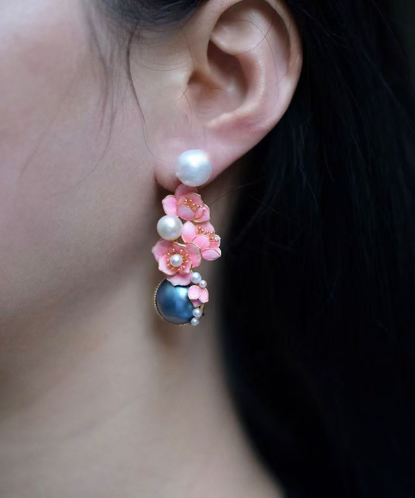 New Pink Sterling Silver Pearl Stud Earrings