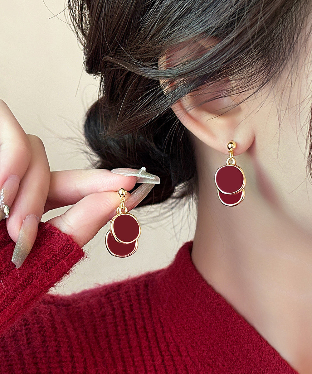 New Red Copper Overgild Disc Drop Earrings