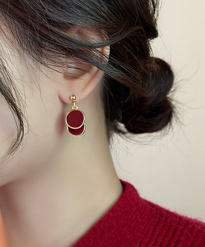 New Red Copper Overgild Disc Drop Earrings